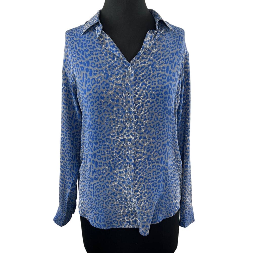 J. McLaughlin Blue Gray Animal Leopard Print Silk Button-Down Long Sleeve Top S